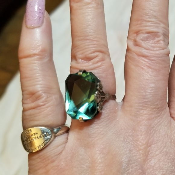 Antique Jewelry - Sterling Silver Aqua Paste Ring Adjustable